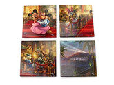 Disney Mickey and Minnie Mouse in Hollywood Glass 4 Piece Coaster Set - Thomas Kinkade - Comes with Stylish Modern Wooden Holder