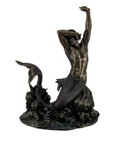 Veronese Design 7 7/8" Tall Merman Stretching on Rock Cold Cast Resin Antique Bronze Finish Sculpture Nautical Mermaid Statue