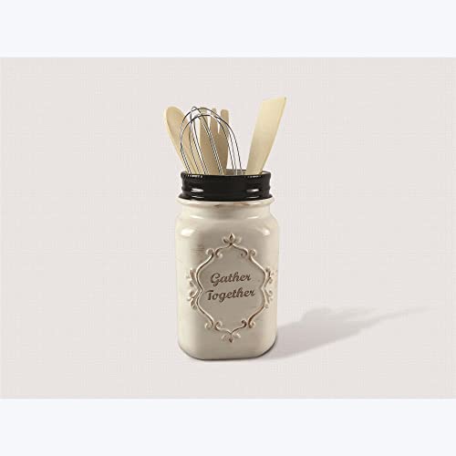 Young's Inc. Ceramic Jar with Kitchen Utensils - 4'' L X 4'' W X 11'' H - Rustic Decor - Kitchen Accessories for Countertop