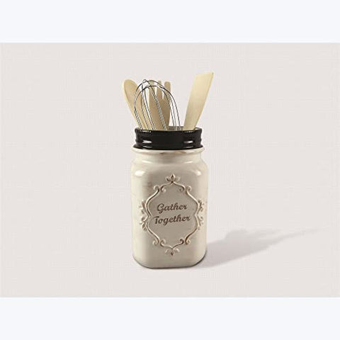 Young's Inc. Ceramic Jar with Kitchen Utensils - 4'' L X 4'' W X 11'' H - Rustic Decor - Kitchen Accessories for Countertop