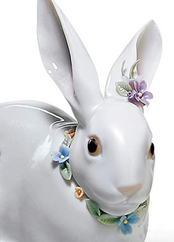 LLADRÓ Attentive Bunny with Flowers Figurine. Porcelain Rabbit Figure.