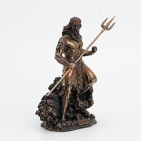 Veronese Design 8" Tall Poseidon Ruler of The Sea Holding Trident Standing On Wave Cold Cast Resin Statue Antique Bronze Finish Sculpture