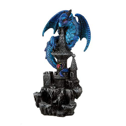Small Guardian Dragon Protecting Castle with Rhinestone Rock Crystal Tabletop Decor Collectible Figurine Gift (5.5" Blue)