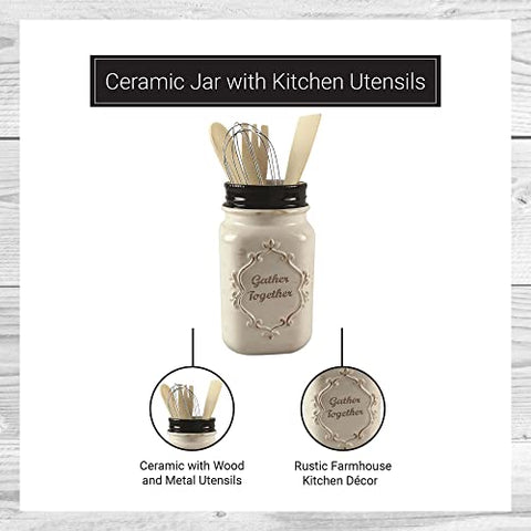 Young's Inc. Ceramic Jar with Kitchen Utensils - 4'' L X 4'' W X 11'' H - Rustic Decor - Kitchen Accessories for Countertop