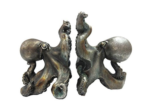 Pacific Giftware Antique Silver Octopus Decorative Bookends Set 5 Inch Tall