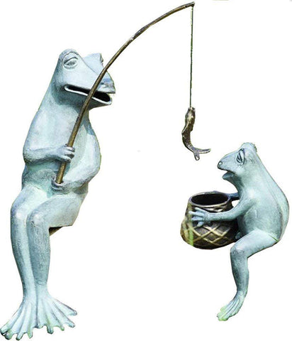 Fishing Frog Daddy & Child Garden Sculpture