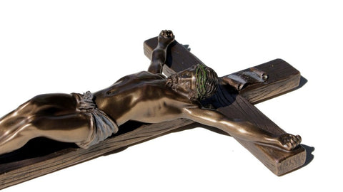 US 13 Inch Cold Cast Crucifix Religious Wall Plaque, Bronze Color