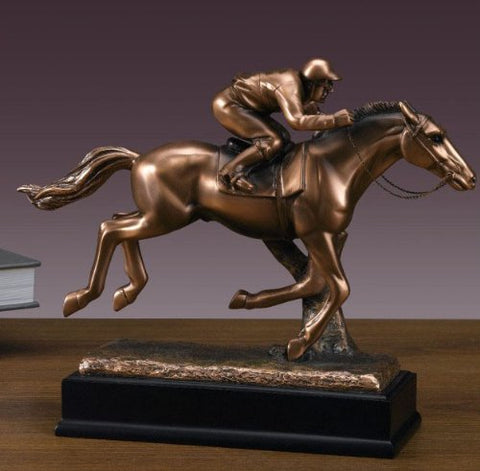 Marian Imports F54061 Jockey On Horse Bronze Plated Resin Sculpture - 12 x 3.5 x 9.5 in.