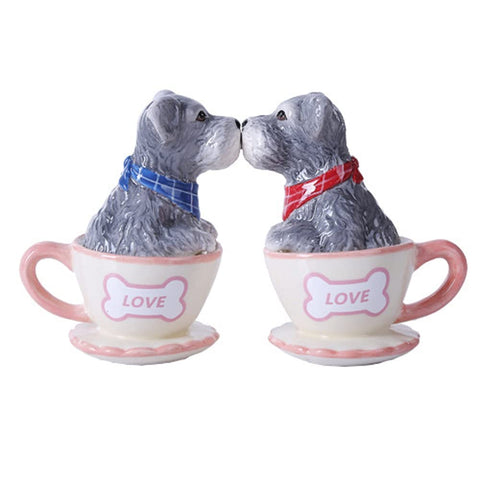 Schnauzer Dogs in Teacups Kissing Ceramic Magnetic Salt and Pepper Shaker Set