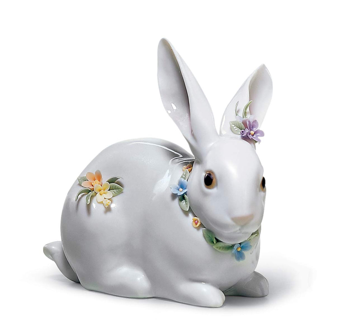 LLADRÓ Attentive Bunny with Flowers Figurine. Porcelain Rabbit Figure.