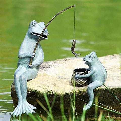 Fishing Frog Daddy & Child Garden Sculpture