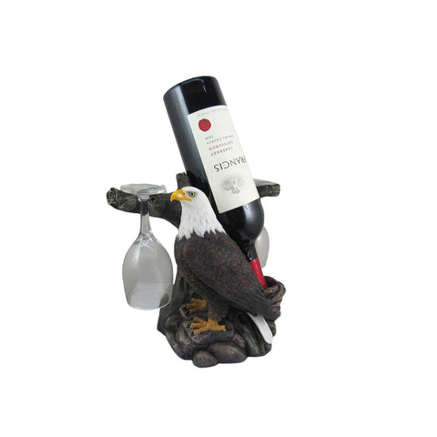 DWK "Liberation & Libations Bald Eagle Wine Bottle Holder with Wine Glasses (3 Piece Set) | Kitchen Accessories and Wine Bar Decor | Tabletop Wine Rack - 10"