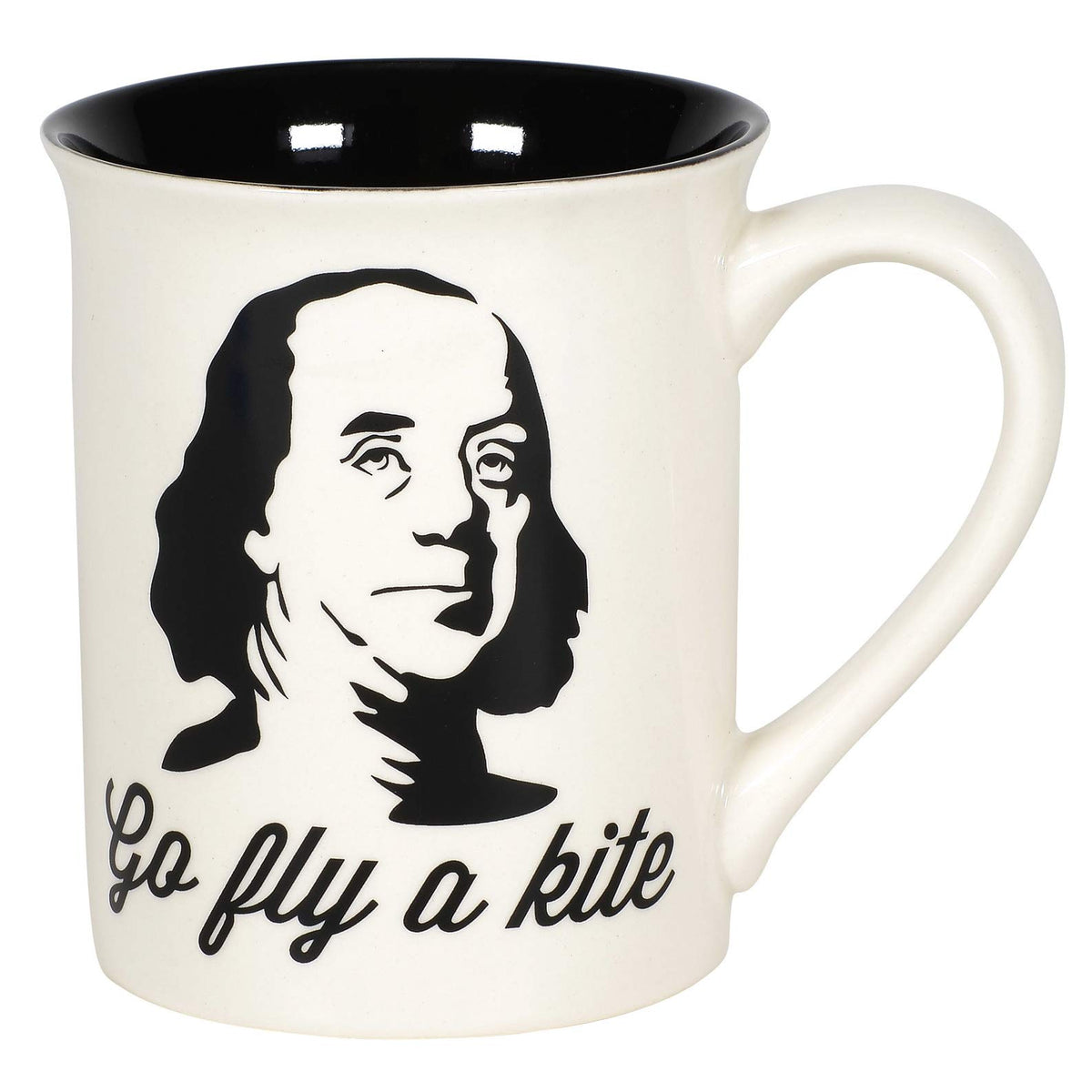 Enesco Our Name is Mud Fly a Kite Ben Franklin History Coffee Mug, 16 Ounce, Black and White