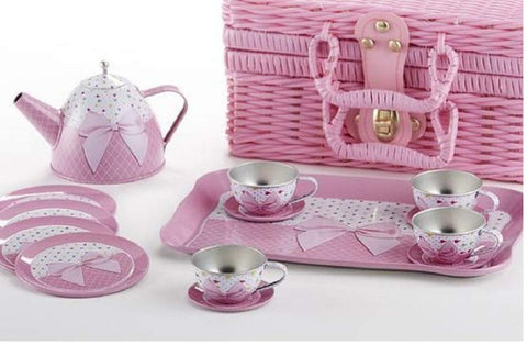 Tin 15 Pc Set in Basket, Pink Bow