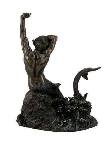 Veronese Design 7 7/8" Tall Merman Stretching on Rock Cold Cast Resin Antique Bronze Finish Sculpture Nautical Mermaid Statue