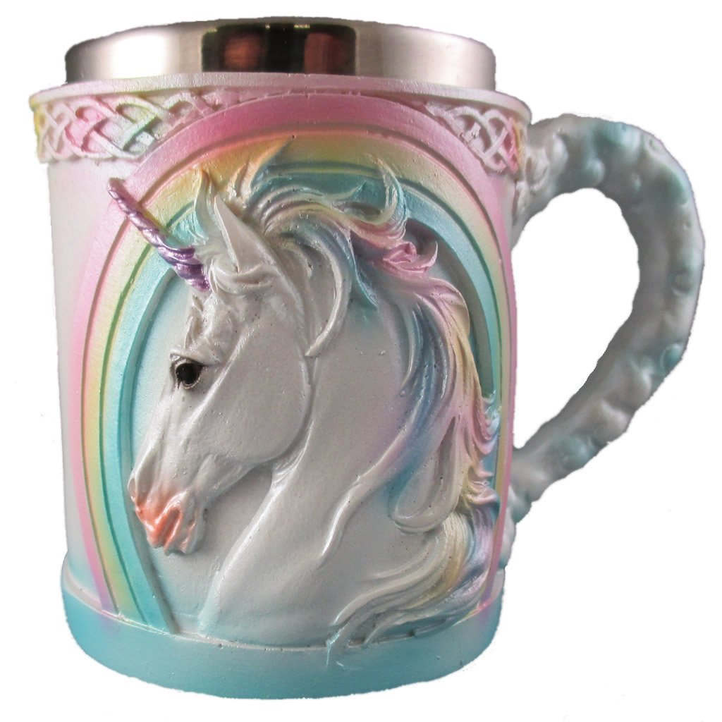 Rainbow Unicorn Coffee Mug, Cute Mythical Tea Cup, Magical Stainless Steel Fantasy Drinking Glass, Medieval Celtic Knot Design