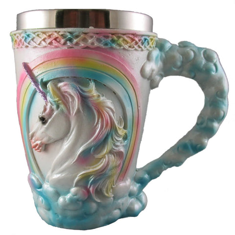 Rainbow Unicorn Coffee Mug, Cute Mythical Tankard, Magical Drinking Glass, Stainless Steel Fantasy Cup, Medieval Celtic Knot Design