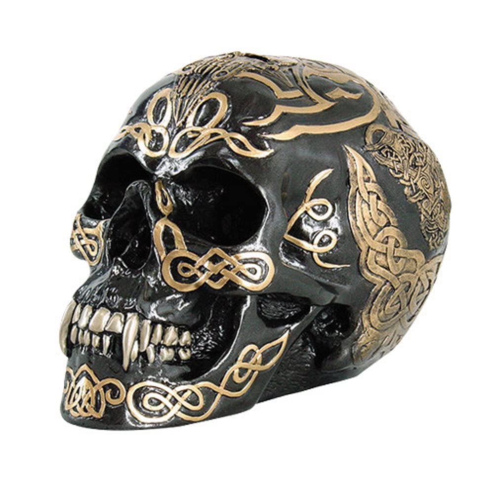 PTC 7 Inch Black and Gold Color Celtic Pattern Skull Statue Figurine