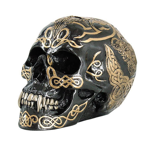 PTC 7 Inch Black and Gold Color Celtic Pattern Skull Statue Figurine