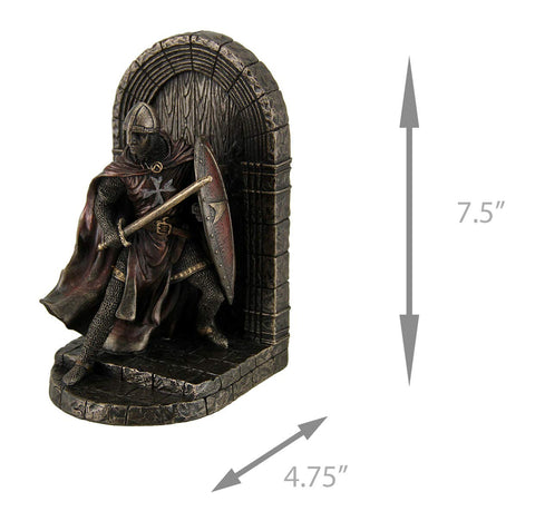 Maltese Crusader Statue in Armor Guarding Door Holding Shield & Sword Bronze Finish Resin Bookend 7.5 Inches High