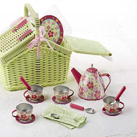 Tin 18pc Tea Set in Basket, Sorrel