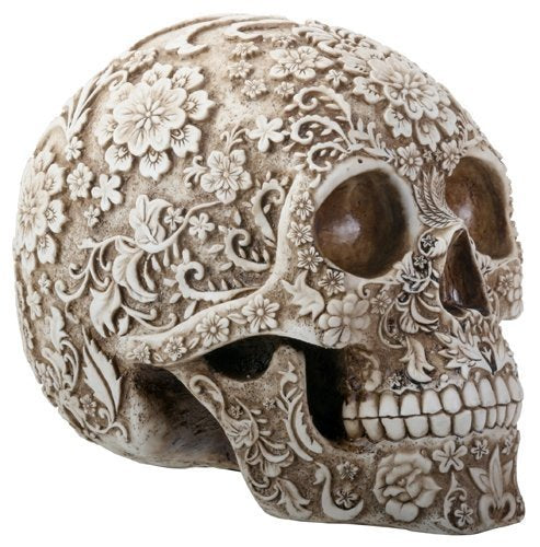 SUMMIT COLLECTION Day of The Dead 8 Inch White and Light Brown Colored Floral Human Skull Collectible