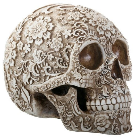 SUMMIT COLLECTION Day of The Dead 8 Inch White and Light Brown Colored Floral Human Skull Collectible