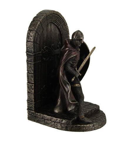 Maltese Crusader Statue in Armor Guarding Door Holding Shield & Sword Bronze Finish Resin Bookend 7.5 Inches High