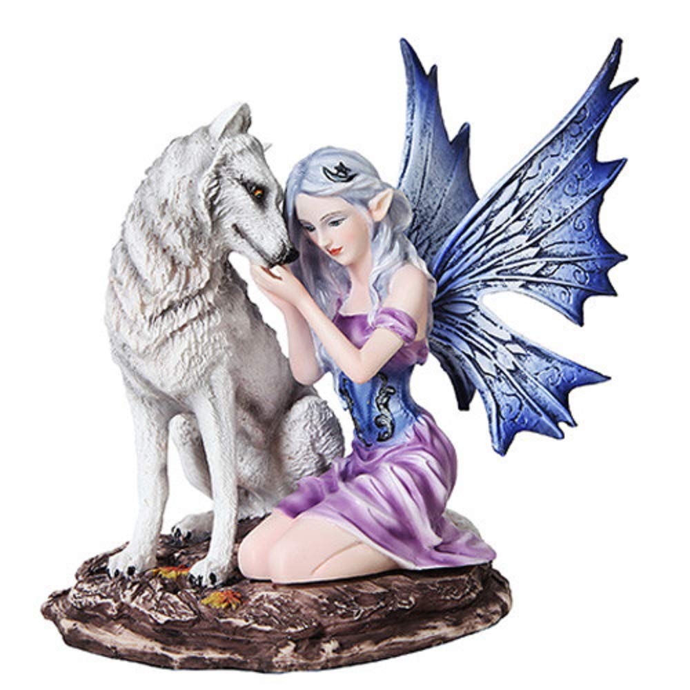 PTC 6.75 Inch Blue Winged Fairy with White Wolf Resin Statue Figurine