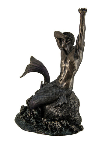 Veronese Design 7 7/8" Tall Merman Stretching on Rock Cold Cast Resin Antique Bronze Finish Sculpture Nautical Mermaid Statue