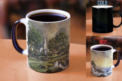 Morphing Mugs Thomas Kinkade - Seaside Haven - Lighthouse and Church - One 11 oz Color Changing Heat Sensitive Ceramic Mug – Image Revealed When HOT Liquid Is Added!