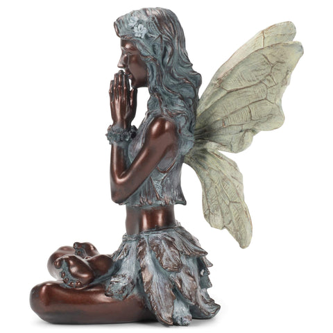 Napco 12 x 10.5 Inch Resin Constructed Meditation Fairy Decorative Indoor or Outdoor Garden Statue, Weathered Bronze and Stone