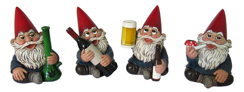 DWK 4" Happy Time Bunch Set of Four (4) Mini Gnomes with Bong Wine Beer and Pipe Party Favor Figurine Decor for Home and Office