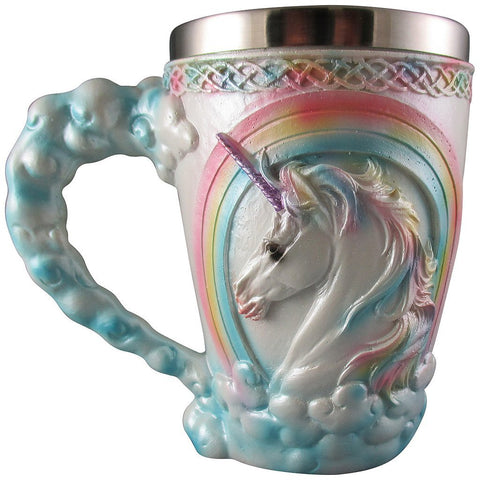 Rainbow Unicorn Coffee Mug, Cute Mythical Tankard, Magical Drinking Glass, Stainless Steel Fantasy Cup, Medieval Celtic Knot Design