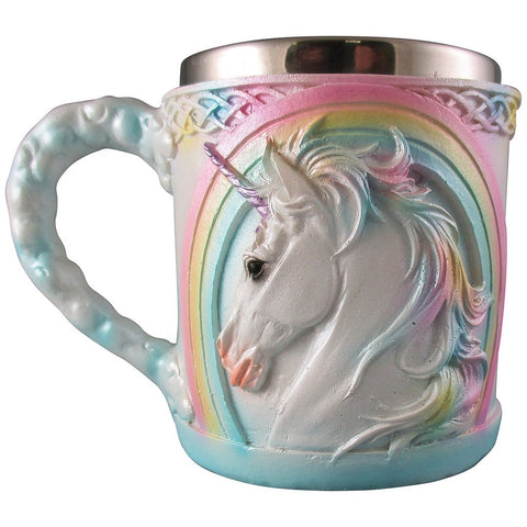 Rainbow Unicorn Coffee Mug, Cute Mythical Tea Cup, Magical Stainless Steel Fantasy Drinking Glass, Medieval Celtic Knot Design