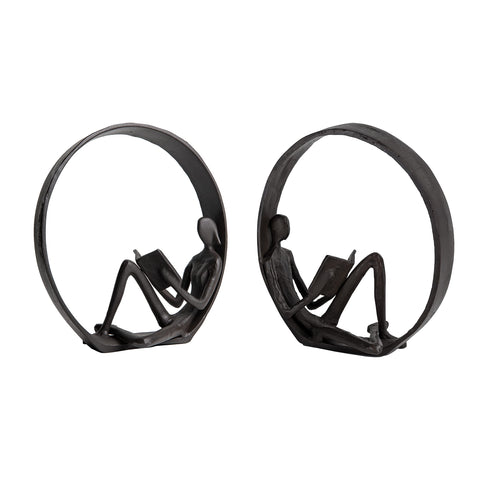 Danya B. Contemporary Encircled Male & Female Reader Cast Iron Sculpture Bookend Statues (Set of Male and Female)