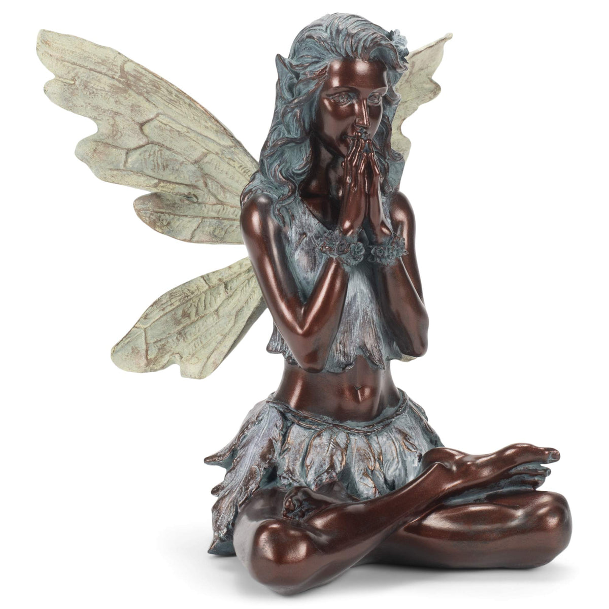 Napco 12 x 10.5 Inch Resin Constructed Meditation Fairy Decorative Indoor or Outdoor Garden Statue, Weathered Bronze and Stone