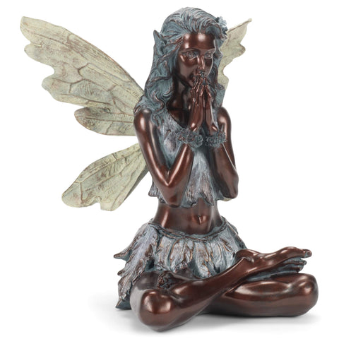Napco 12 x 10.5 Inch Resin Constructed Meditation Fairy Decorative Indoor or Outdoor Garden Statue, Weathered Bronze and Stone
