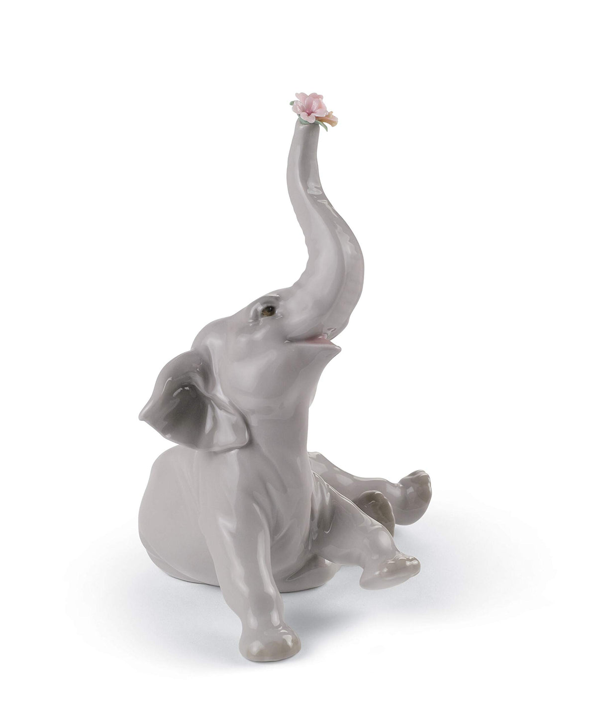 LLADRÓ Baby Elephant with Pink Flower Figurine. Porcelain Elephant Figure.