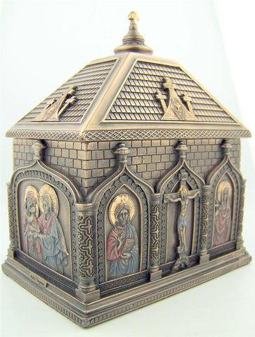 Religious Catholic Gift Cold Cast Bronze 5 7/8 Inch Church Chapel Icon Rosary Keepsake Trinket Box