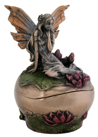 SUMMIT COLLECTION Pondering Fairy on Lotus Fantasy Art Nouveau Michelle Jewelry Box Display Decoration, 3 Inches