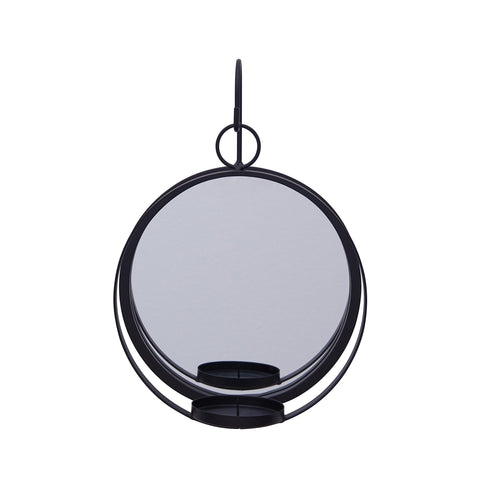 Danya B. Round Wrought Iron Pillar Candle Sconce with Mirror – A Decorative Rustic Metal Hanging Wall Candleholder