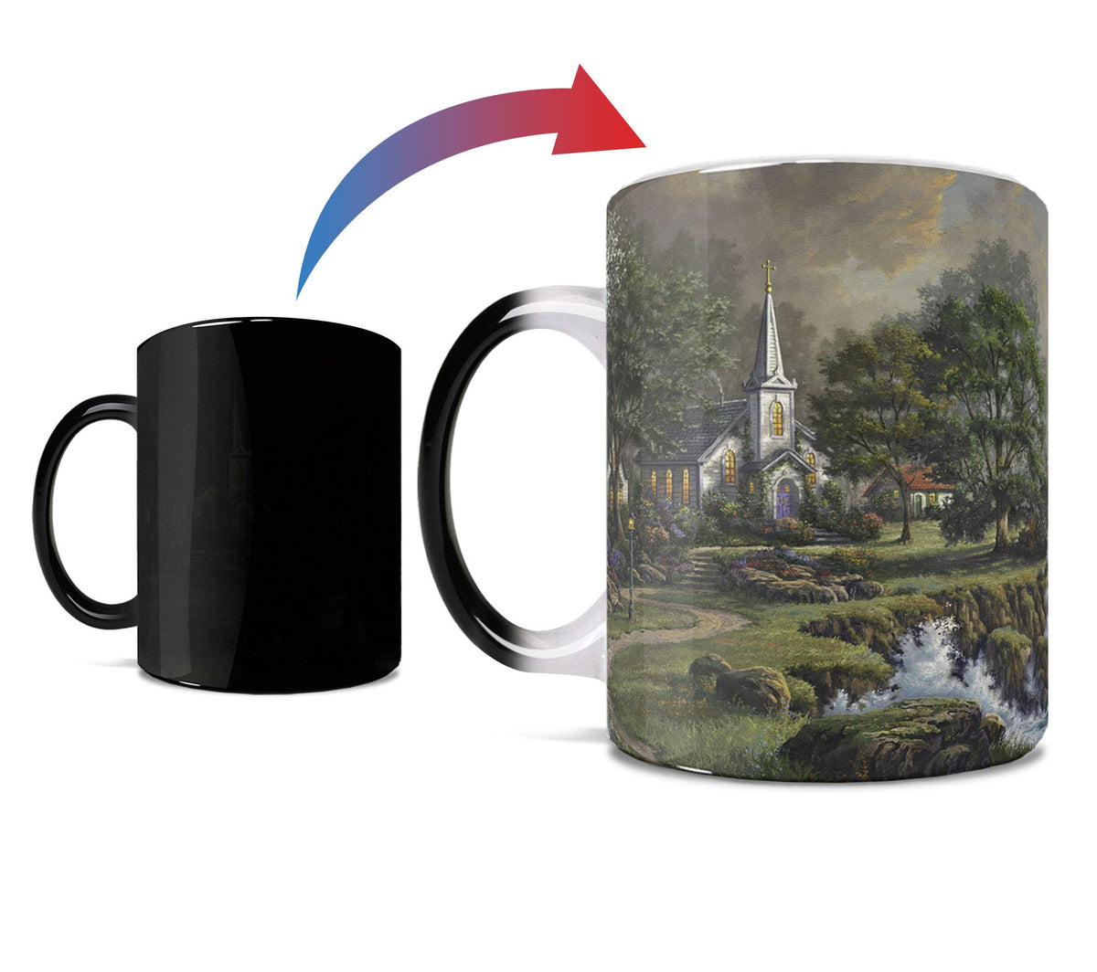 Morphing Mugs Thomas Kinkade - Seaside Haven - Lighthouse and Church - One 11 oz Color Changing Heat Sensitive Ceramic Mug – Image Revealed When HOT Liquid Is Added!