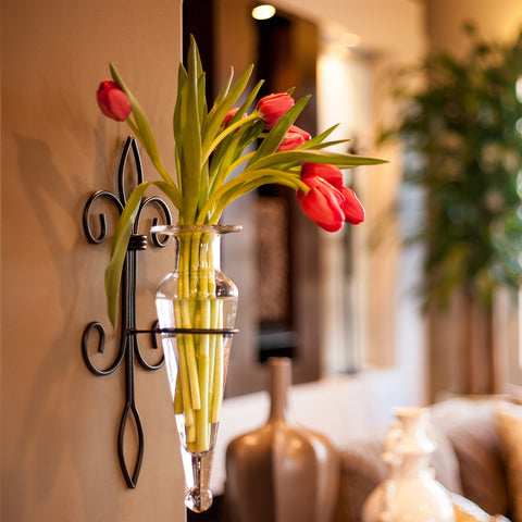 Danya B. Home Accent Wall Mount Fleur de Lis Flower Vase Sconce Made from Iron and Clear Glass, it Can be Displayed on The Wall Indoors or Perfect for The Patio
