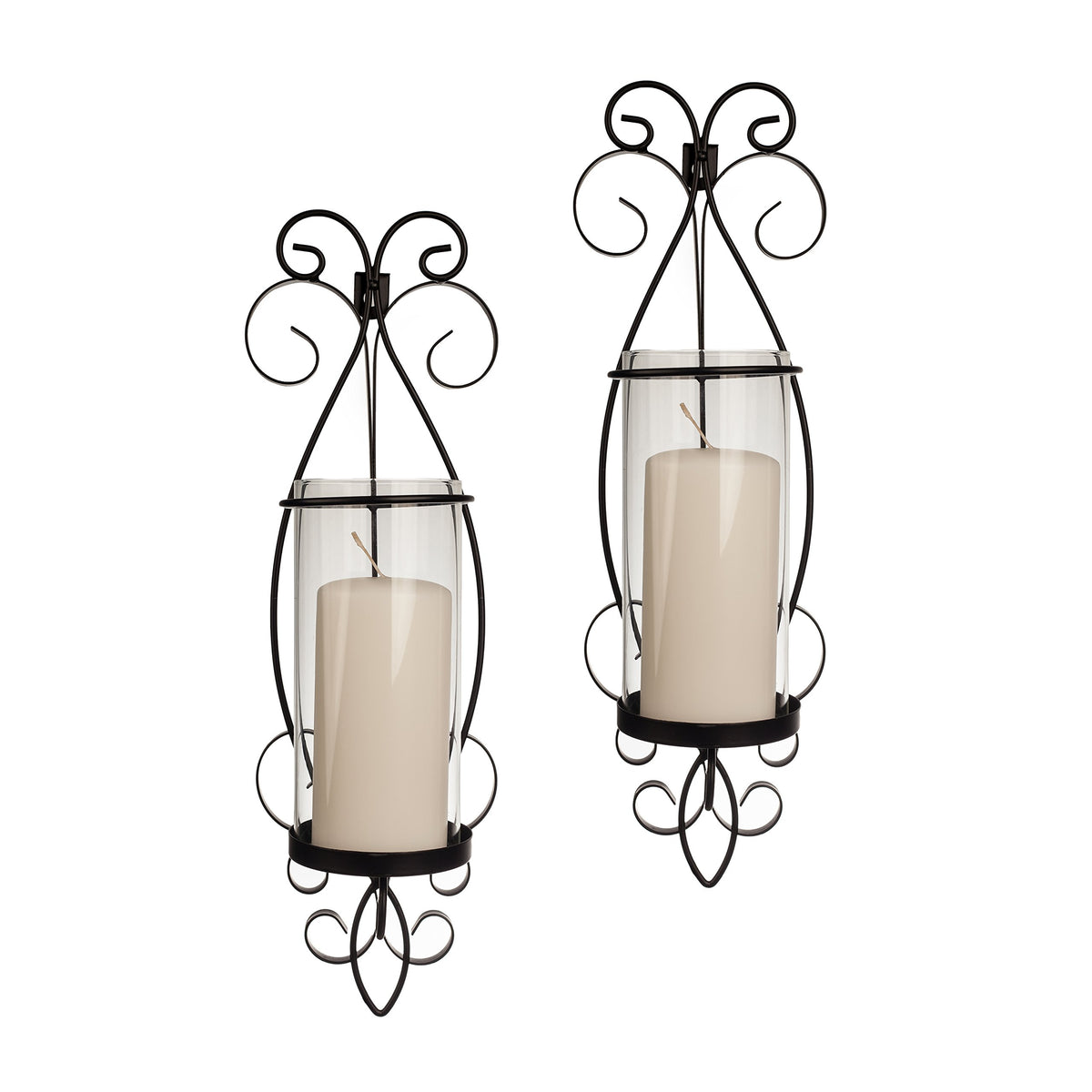 San Remo Wall Candle Sconce Set with Glass Hurricanes - Wrought Iron - Set of 2- Easy to Hang - Contemporary Home Décor by Danya B.