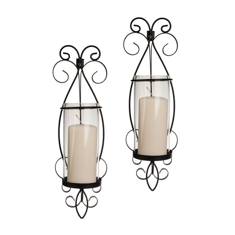 San Remo Wall Candle Sconce Set with Glass Hurricanes - Wrought Iron - Set of 2- Easy to Hang - Contemporary Home Décor by Danya B.