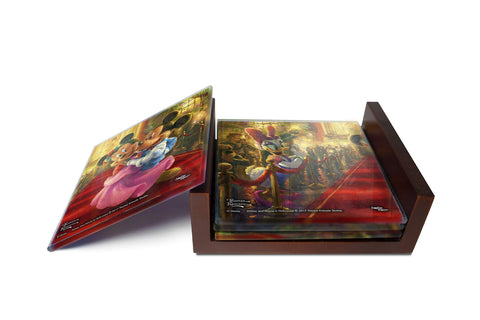 Disney Mickey and Minnie Mouse in Hollywood Glass 4 Piece Coaster Set - Thomas Kinkade - Comes with Stylish Modern Wooden Holder
