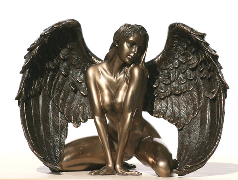 Bronzed Finish Kneeling Nude Winged Female Statue