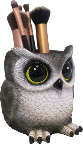 DWK Grey Owl Makeup Brush Holder Organizer Caddy | Handmade Bath Products and Makeup Organizer for Vanity | Farmhouse Gifts Owls Decor Cute Statues for Home Decor - 4"