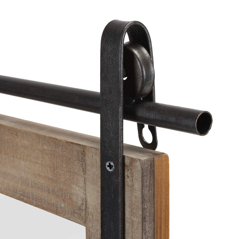 Danya B. Rustic Industrial Wood-Framed Wall Mount Barn Door Vanity Mirror with Shelf and Iron Hardware - Decorative Rectangle Rustic Bathroom Mirror